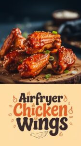 Airfryer Chicken Wings mit glänzender Honig-Sriracha-Glasur auf schwarzem Schieferbrett – goldbraun knusprige Hähnchenflügel mit Sesam und Frühlingszwiebeln