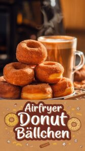 Airfryer Donut-Bällchen mit Zimtzucker auf weißem Teller – goldbraune fluffige Hefeteig-Kugeln komplett mit Zimtzucker bedeckt