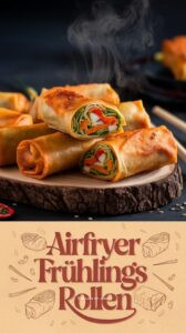 Vegetarische Airfryer Frühlingsrollen auf dunklem Schieferbrett – goldbraune knusprige Rollen aufgeschnitten mit Kohl-Karotten-Glasnudeln-Füllung und süß-saurer Sauce