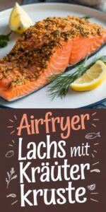 Airfryer Lachs mit goldbrauner Panko-Kräuterkruste auf weißem Teller – zartrosa Filet mit knuspriger Petersilien-Dill-Zitronenkruste