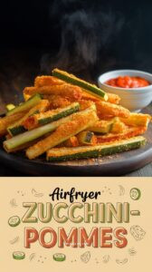 Airfryer Zucchini-Pommes mit Parmesan-Panko-Hülle auf schwarzem Schieferbrett – goldbraune knusprige Low-Carb-Pommes mit Marinara-Dip