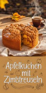 Apfelkuchen mit Zimtstreuseln auf Leinentischdecke – goldbrauner Rührkuchen mit knuspriger Zimtstreuseldecke und Puderzucker Stück zeigt saftigen Apfelteig