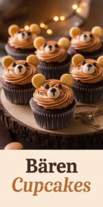 Sechs Bären-Cupcakes auf Eichenholz – warmbraunes Karamell-Frosting als Bärenkopf runde Keks-Ohren schwarze Zuckerpärlchen-Augen Schoko-Chip-Nase freundliches Teddybär-Gesicht