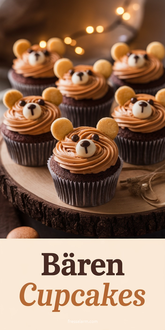 Bären-Cupcakes – Schokolade-Karamell mit Keks-Ohren und Teddybär-Gesicht