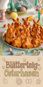 Goldbraune Blätterteig-Osterhasen auf Backblech mit Frischkäse-Schinken-Füllung und Sesam-Augen