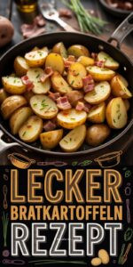 Goldbraune knusprige Bratkartoffeln mit Speck und Zwiebeln in einer Gusseisenpfanne