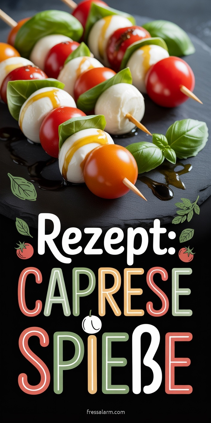 Frische Caprese-Spieße mit Kirschtomaten Mini-Mozzarella und Basilikum auf Schieferplatte mit Balsamico-Glasur