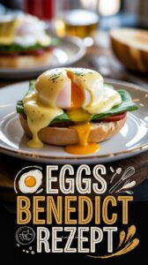 Eggs Benedict mit pochiertem Ei und Hollandaise auf getoastetem English Muffin serviert