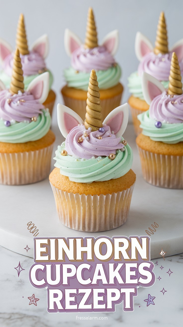 Sechs Einhorn-Cupcakes auf weißem Marmor – Vanille-Cupcakes mit pastellfarbenem Regenbogen-Swirl in Rosa Lila Mintgrün goldenem Fondant-Horn und essbarem Goldglitzer
