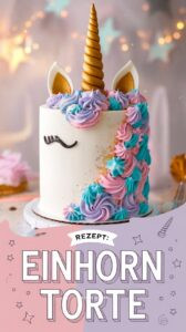 Einhorn-Torte auf weißem Kuchenständer mit goldenem Fondant-Horn und bunter Buttercreme-Mähne in Rosa Lila Türkis