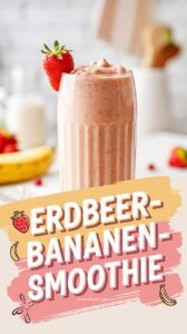 Cremiger rosa Erdbeer-Bananen-Smoothie in zwei Gläsern mit Erdbeere am Glasrand auf weißem Untergrund