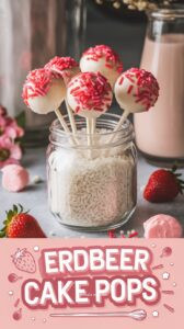 Erdbeer-Cake-Pops auf weißen Stielen – runde Kugeln in weißer Schokolade mit rosa Erdbeer-Streuseln und gefriergetrockneten Erdbeer-Stückchen auf Marmor