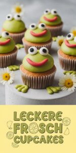 Sechs Frosch-Cupcakes auf hellgrauem Stein – leuchtend grünes Buttercreme-Frosting als Froschkopf zwei große weiße Kulleraugen mit schwarzen Pupillen roter Lächelmund und grüne Fondant-Pfoten seitlich