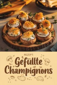 Goldbraun überbackene gefüllte Champignons mit Kräuterfrischkäse-Füllung und Parmesan-Kruste auf Schieferplatte Nahaufnahme