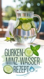 Frischer Glaskrug mit Gurken-Minz-Wasser mit sichtbaren Gurkenscheiben und Minzblättern auf hellem Untergrund