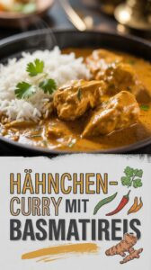 Hähnchen-Curry in einem tiefen Teller auf duftendem Basmatireis mit frischem Koriander und Joghurt