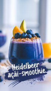 Tiefblauer Heidelbeer-Açaí-Smoothie in zwei hohen Gläsern mit frischen Heidelbeeren und Kokosraspeln