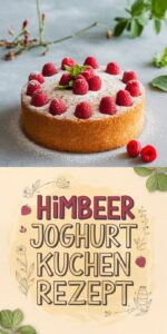 Himbeer-Joghurt-Kuchen auf grauem Stein – goldbrauner runder Kuchen mit leuchtend roten Himbeeren auf der Oberfläche und Puderzucker-Bestäubung