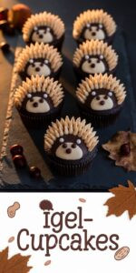 Sechs Igel-Cupcakes auf dark slate – dunkles Schokoladen-Frosting als Igel-Rücken dicht bedeckt mit hellen Mandelscheiben-Stacheln schwarze Zuckerpärlchen-Augen und Marzipan-Nasen