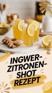 Klassische Ingwer-Zitronen-Shots in kleinen Gläsern mit frischem Ingwer und Zitronenscheibe