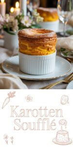 Perfekt aufgegangenes Karotten-Soufflé in weißer Porzellanform frisch aus dem Ofen mit goldbrauner Kuppel und Puderzucker