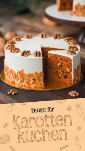 Karottenkuchen mit weißem Cream Cheese Frosting auf Walnussholz – aufgeschnittene Scheibe zeigt tief orangebraunen saftigen Möhrenteig mit Walnüssen und weißes cremiges Frosting