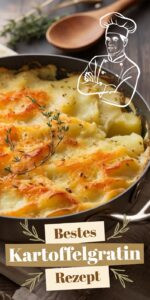 Kartoffelgratin Dauphinois mit goldbrauner Gruyère-Kruste frisch aus dem Ofen in einer Auflaufform