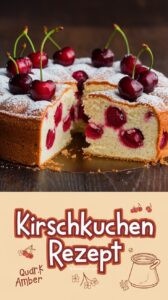 Kirschkuchen mit Quark-Öl-Teig auf Walnussholz – goldgelbe Teigscheibe mit leuchtend roten Kirschen und Puderzucker frische Kirschzweige als Garnitur