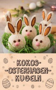 Weiße flauschige Kokos-Osterhasen-Kugeln mit Mandelohren
