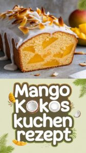 Mango-Kokos-Kuchen auf Betonoberfläche – goldbrauner Kastenküchen mit leuchtend orangefarbenen Mangowürfeln und weißer Kokos-Glasur mit gerösteten Kokosflocken