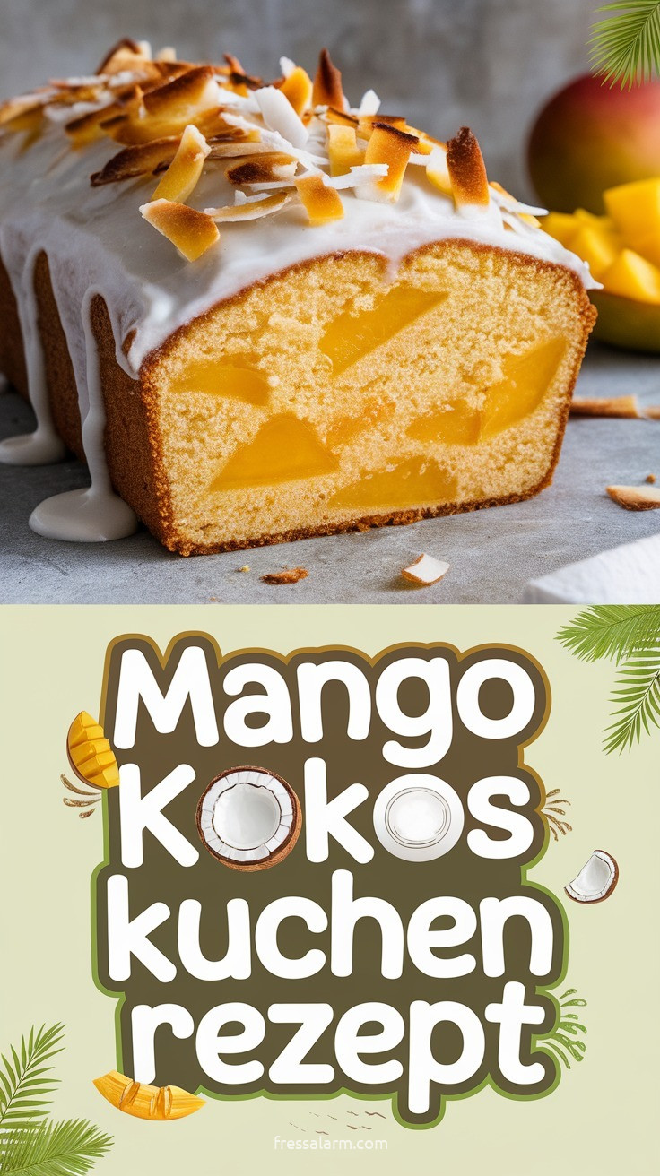 Mango-Kokos-Kuchen auf Betonoberfläche – goldbrauner Kastenküchen mit leuchtend orangefarbenen Mangowürfeln und weißer Kokos-Glasur mit gerösteten Kokosflocken