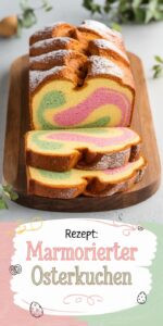 Marmorierter Osterkuchen angeschnitten mit buntem Swirl-Muster in Gelb Rosa und Mint-Grün auf Holzbrett mit Puderzucker