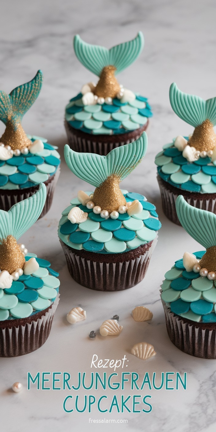 Meerjungfrauen-Cupcakes – Schuppen-Frosting mit goldener Fondant-Flosse