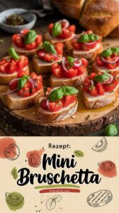 Knusprige Mini-Bruschetta auf geröstetem Baguette mit frischen Tomatenwürfeln Knoblauch und Basilikum auf langem Holzbrett