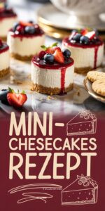 Kleine cremige Mini-Cheesecakes mit frischen Beeren und Glanzguss auf einem weißen Kuchenständer