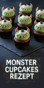 Sechs Monster-Cupcakes auf dark slate – neongrünes chaotisches Frosting verschiedene Fondant-Hörner Augen und Zackenzähne jedes Monster individuell schaurig-komisch Halloween-Atmosphäre