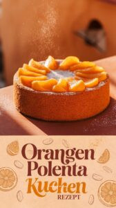 Orangen-Polenta-Kuchen auf Terrakotta – goldbrauner glutenfreier Kuchen mit Orangenscheiben-Dekoration und Puderzucker mediterrane Atmosphäre Polenta-Textur sichtbar