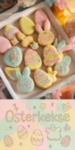Osterkekse mit bunten Streuseln auf Holzbrett – Mürbeteig-Kekse in Hasen Ei und Küken Form mit Pastellglasur und Zuckerstreusel