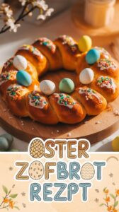 Pane di Pasqua auf rustikalem Holzbrett – geflochtener goldbrauner Hefeteig-Kranz mit bunten Ostereiern und weißem Zuckerguss