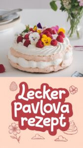 Pavlova mit Himbeeren und essbaren Frühlingsblüten auf weißer Servierplatte als elegantes Oster-Dessert