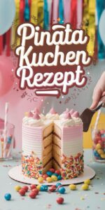 Piñata-Kuchen beim Anschneiden – bunte Smarties und Zuckerstreusel fallen aus der Höhle der weißen Torte auf den weißen Teller