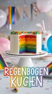 Angeschnittener Regenbogenkuchen mit 6 bunten Schichten in Rot Orange Gelb Grün Blau Lila auf weißem Kuchenständer