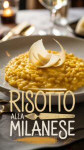 Cremiges goldgelbes Risotto alla Milanese mit Safran und Parmesan in einem tiefen weißen Teller