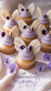 Schmetterlings-Cupcakes auf Leinentischdecke – Vanille-Cupcakes mit lila Frischkäse-Frosting und halbmondförmigen Flügeln aus der Cupcake-Oberseite essbare Blüten und Silberglitzer zwischen den Flügeln