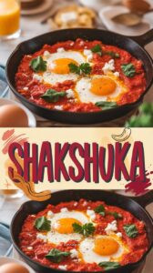 Shakshuka mit Eiern in würziger Tomatensauce direkt in der Pfanne mit Feta und frischem Koriander