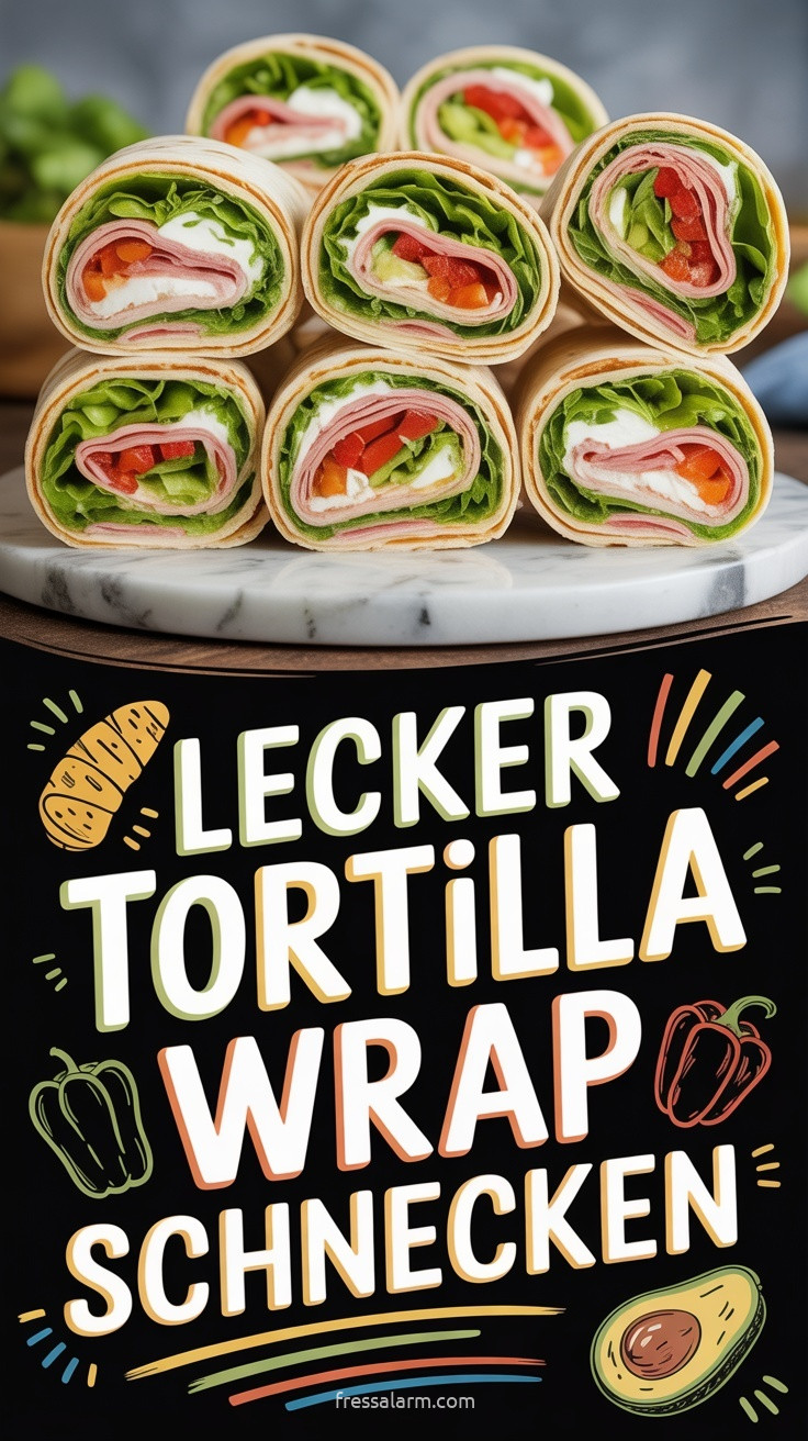 Bunte Tortilla-Wrap-Schnecken aufrecht auf Tablett Schnittfläche zeigt rote Paprika grünen Spinat cremigen Frischkäse Spiralmuster