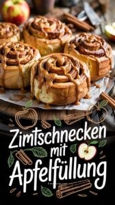 Zimtschnecken mit Apfelfüllung und Karamell-Frosting in einer Auflaufform – goldbraun und saftig