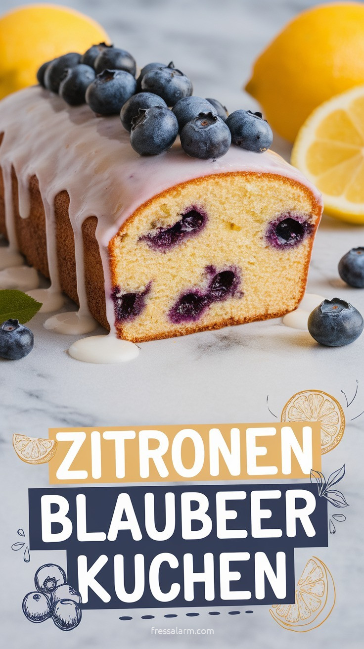 Zitronen-Blaubeer-Kuchen mit weißer Zitronenglasur auf weißem Marmor – goldbrauner Rührkuchen mit blau-violetten Blaubeeren im Querschnitt sichtbar und Glasur die über die Seiten läuft