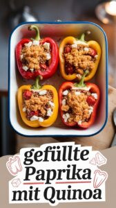 Vier gefüllte Paprikaschoten rot gelb orange in weißer Auflaufform auf Eichenholz – Quinoa-Feta-Füllung mit Kirschtomaten und Kräutern goldbraun überbackener Feta obendrauf frische Petersilie