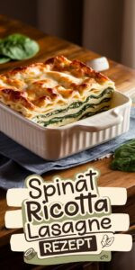 Vegetarische Spinat-Ricotta-Lasagne in weißer Auflaufform auf Eichenholz – goldbraune Käsekruste ein Stück zeigt drei cremige grün-weiße Schichten aus Spinat-Ricotta und Béchamel